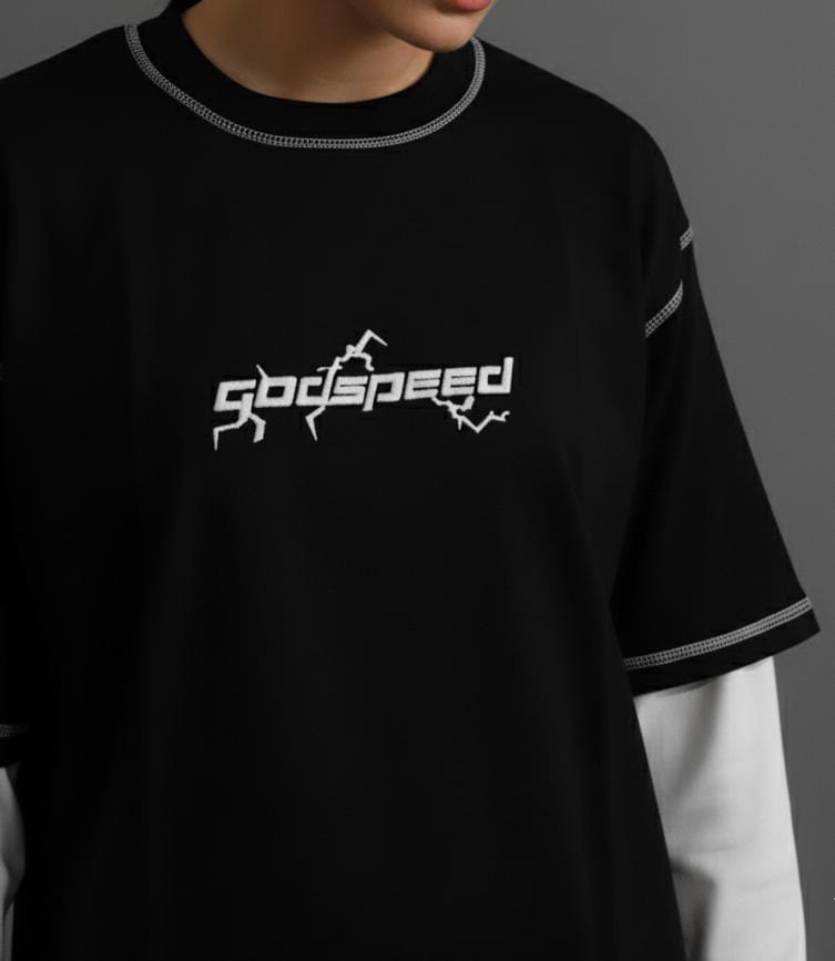 Black t-shirt with 'Godspeed' logo worn by a person on a gray background