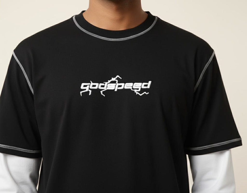 Black t-shirt with 'goodspeed' logo on a neutral background