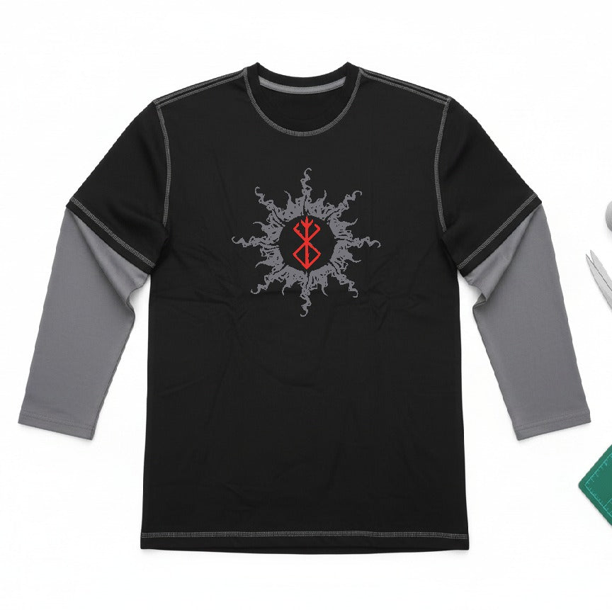 Black and gray long-sleeve shirt with a red and gray design on a white background