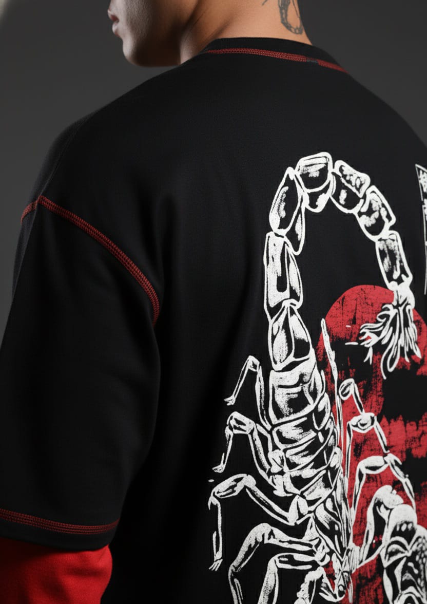 Person wearing a black jacket with a white scorpion design on the back against a dark background