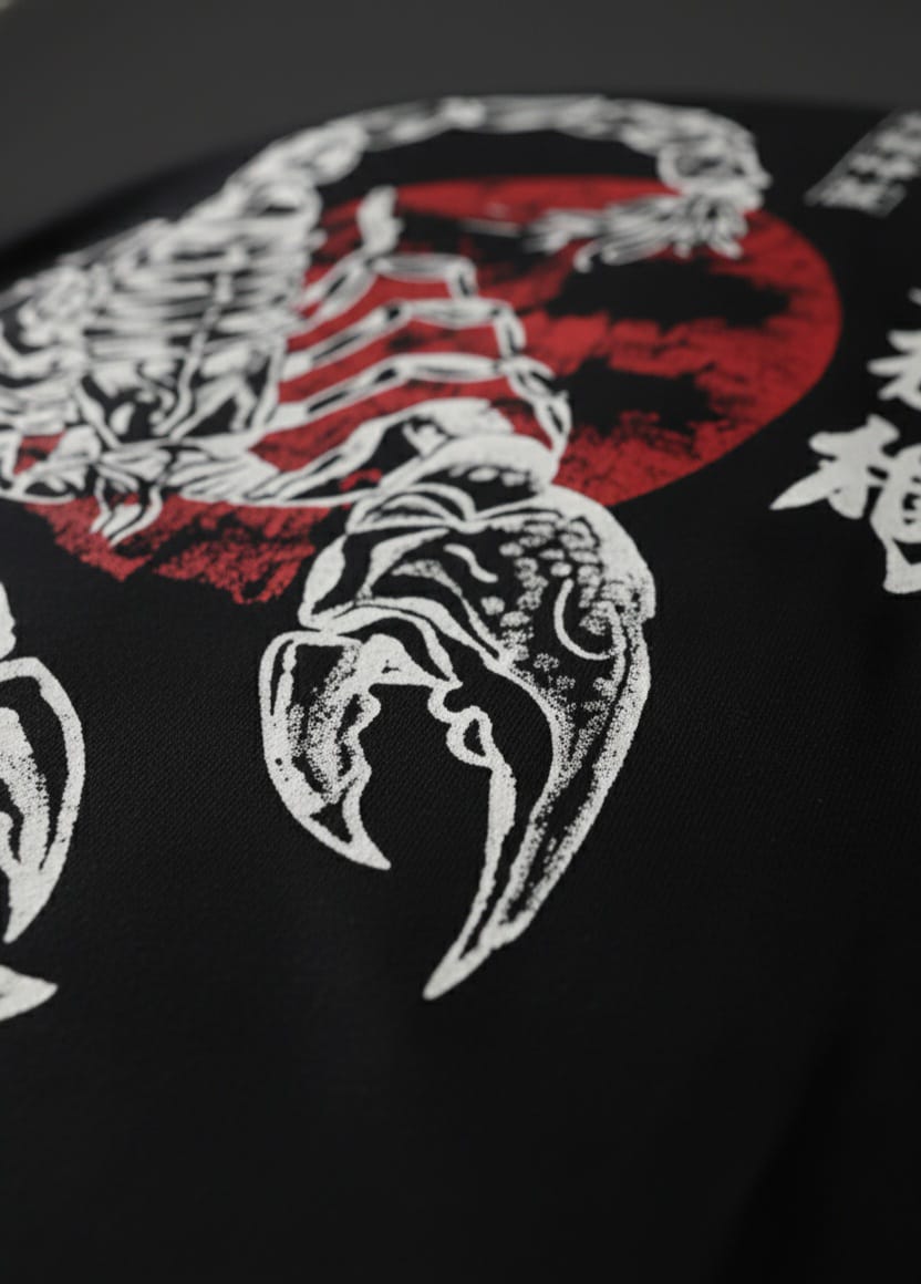 Black t-shirt with white scorpion design and red moon in the background
