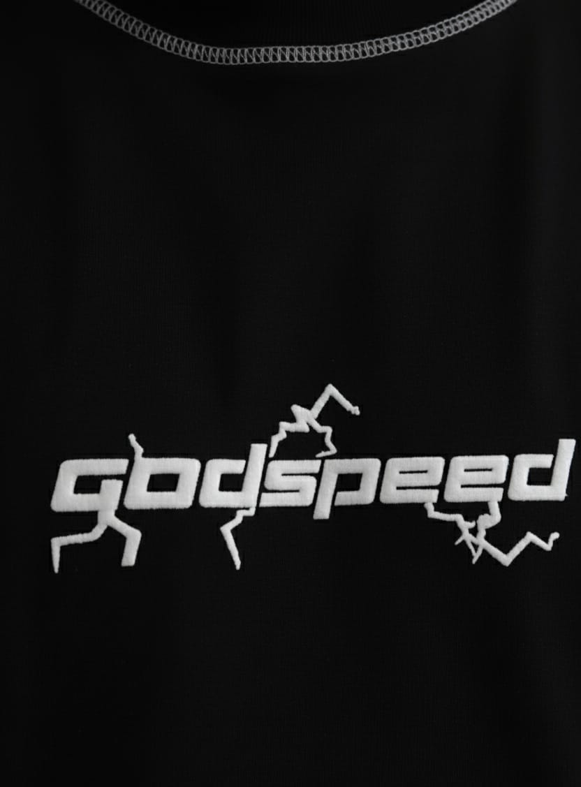 Black t-shirt with 'godspeed' logo in white on a black background