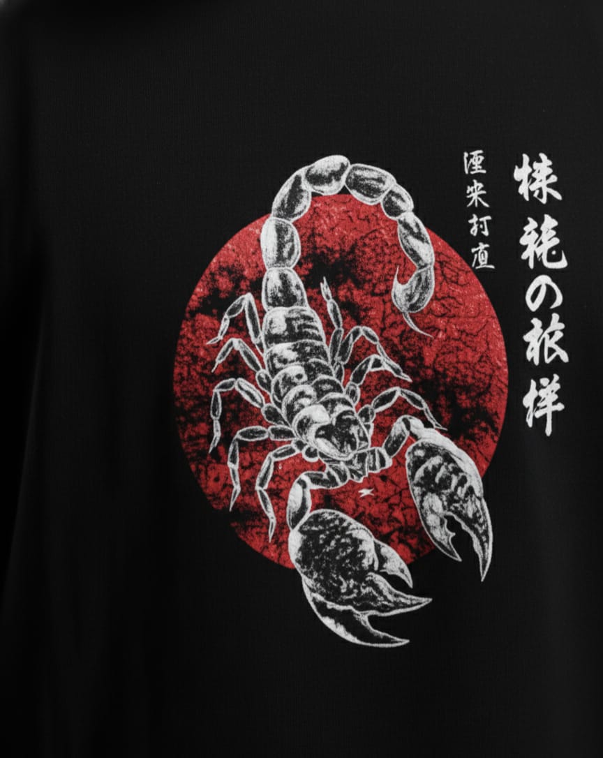Black t-shirt with a red circle and white scorpion design on a dark background