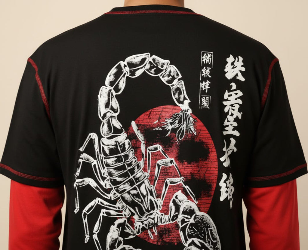 Black and red shirt with a scorpion design and white text on the back
