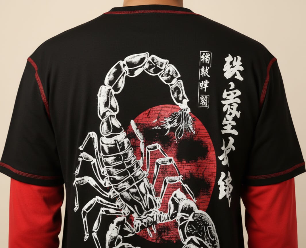 Black and red shirt with a scorpion design and white text on the back