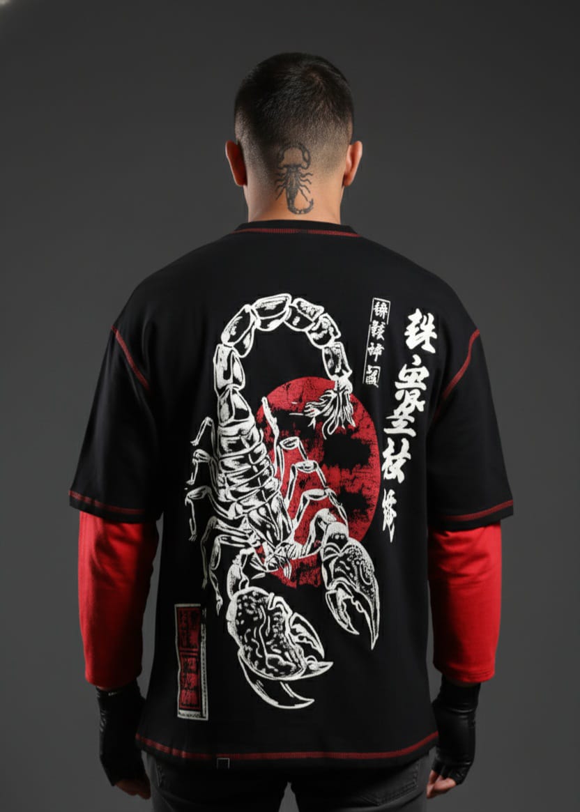 Person wearing a black and red jacket with a scorpion design and Japanese text on the back.