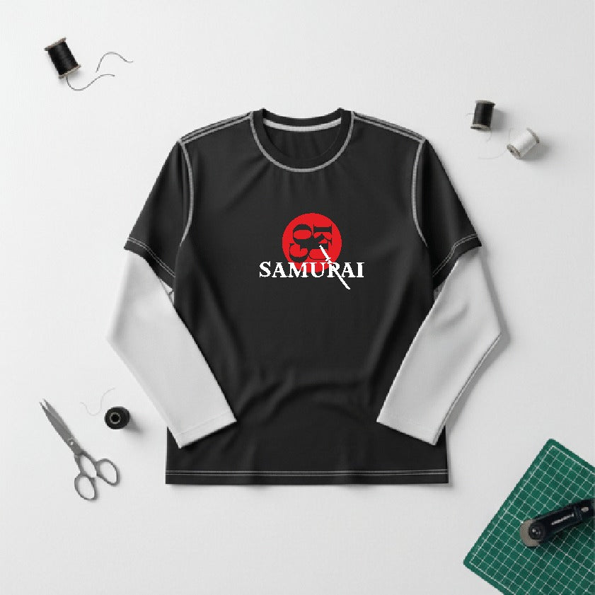 Black and white long-sleeve shirt with 'Samurai' logo on a white background