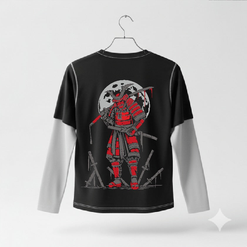 Black long-sleeve shirt with red and gray graphic design on a white background