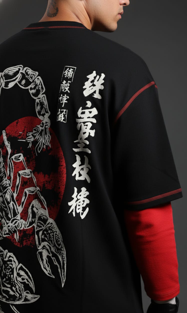 Black jacket with white and red designs on a dark background